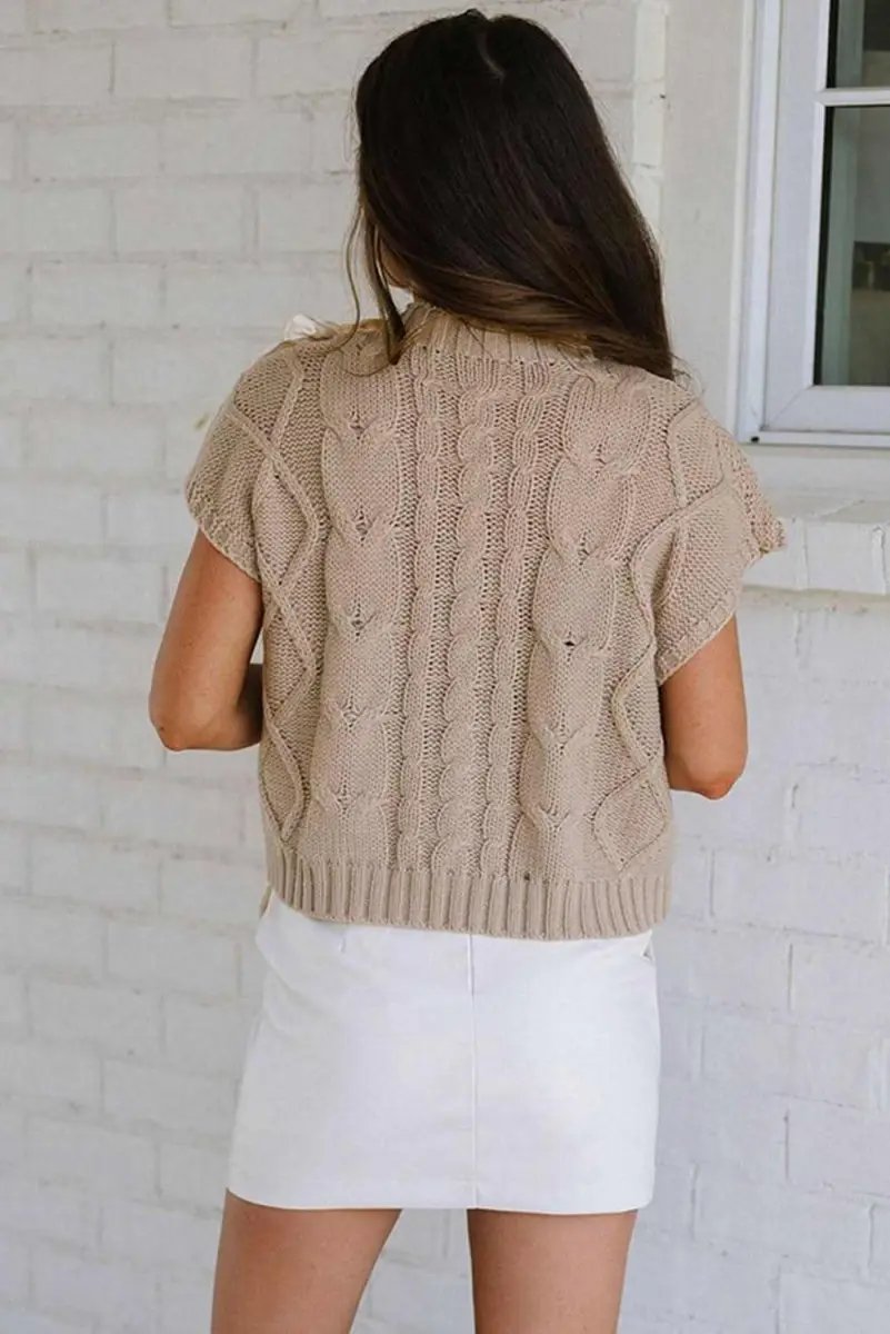 Chic Taupe Colorblocked Cable Knit Sweater with Satin Bow Detail - Love Salve